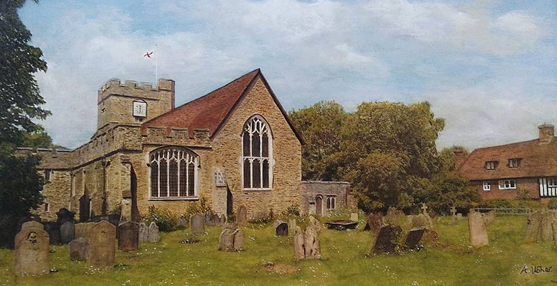Headcorn-Church-Kent-Acrylics-mixed-with-varnish-on-Langton-paper